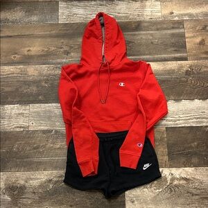 Nike Black Athletic Shorts & Champion hoodie.